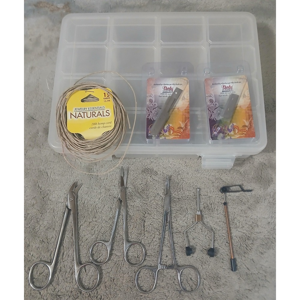 Fly Tying Jewelry Making Tool Kit Plano Case Tandy Leather Loop Needles Hemp